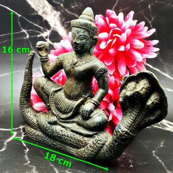 Ancient Dvaravati Green Bronze Statue Magic Goddess Cobra Khmer Naga 5head 16152