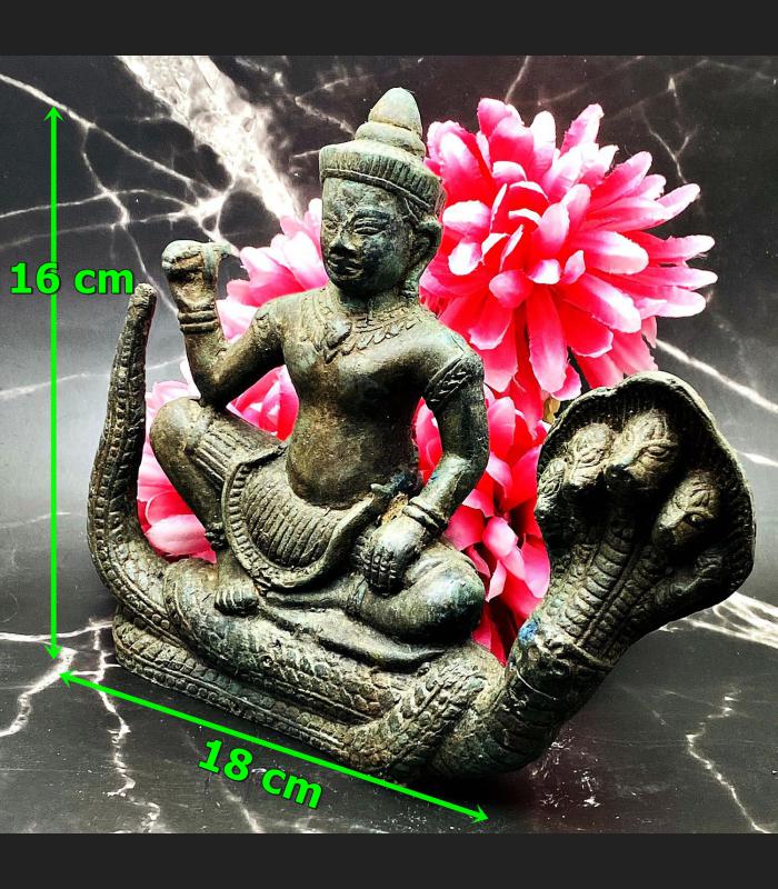 Ancient Dvaravati Green Bronze Statue Magic Goddess Cobra Khmer Naga 5head 16152