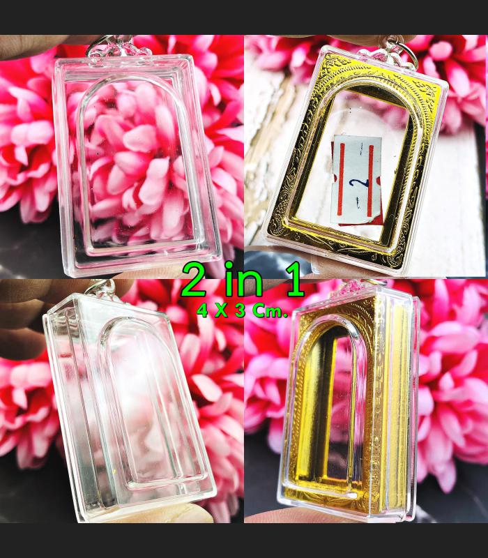 BLANK EMPTY ACRYLIC PLASTIC FRAME CASE THAI AMULET 2IN1 LIMPID+GOLD SOMDEJ 4CM