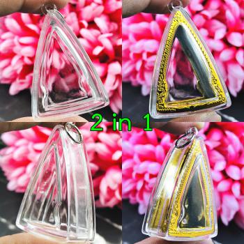 BLANK EMPTY ACRYLIC FRAME CASE THAI AMULET 2IN1 LIMPID+GOLD TRIANGLE NANGPAYA 3.5CM