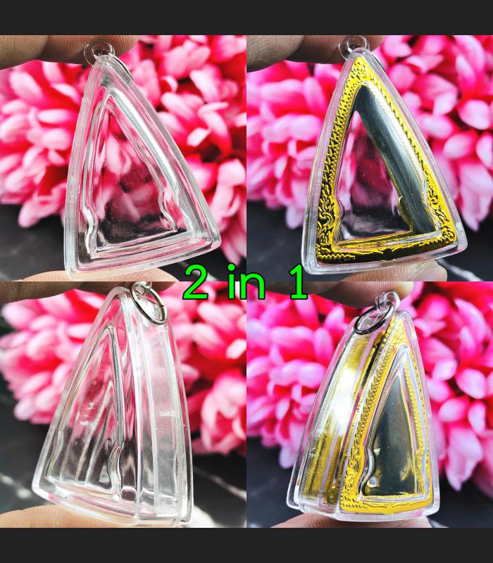 BLANK EMPTY ACRYLIC FRAME CASE THAI AMULET 2IN1 LIMPID+GOLD TRIANGLE NANGPAYA 3.5CM