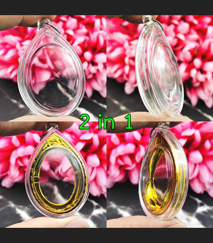 BLANK EMPTY ACRYLIC FRAME CASE THAI AMULET 2IN1 LIMPID+GOLD OVAL MEDAL 4CM