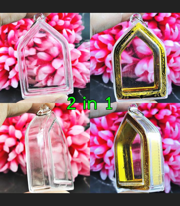 BLANK EMPTY ACRYLIC FRAME CASE THAI AMULET 2IN1 LIMPID+GOLD PENTAGON KHUNPAEN 4CM