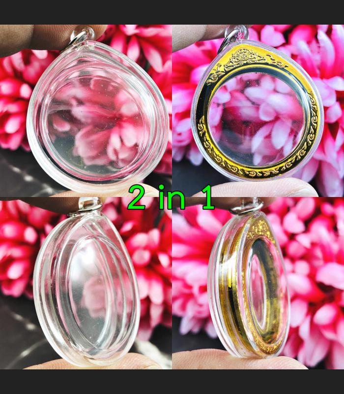 BLANK EMPTY ACRYLIC FRAME CASE THAI AMULET 2IN1 LIMPID+GOLD ROUND 3.5CM