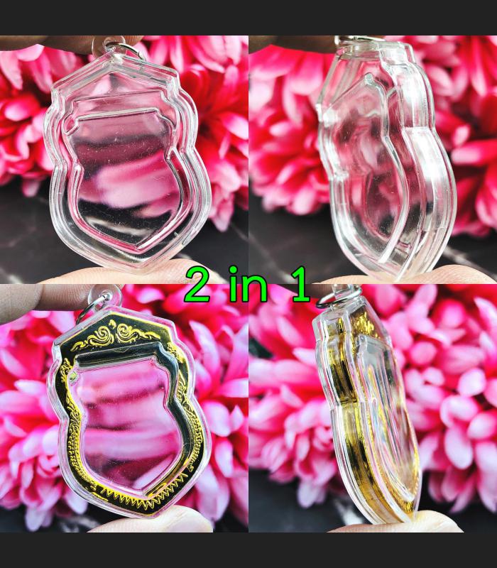 BLANK EMPTY ACRYLIC FRAME CASE THAI AMULET 2IN1 LIMPID+GOLD SEMA 4CM