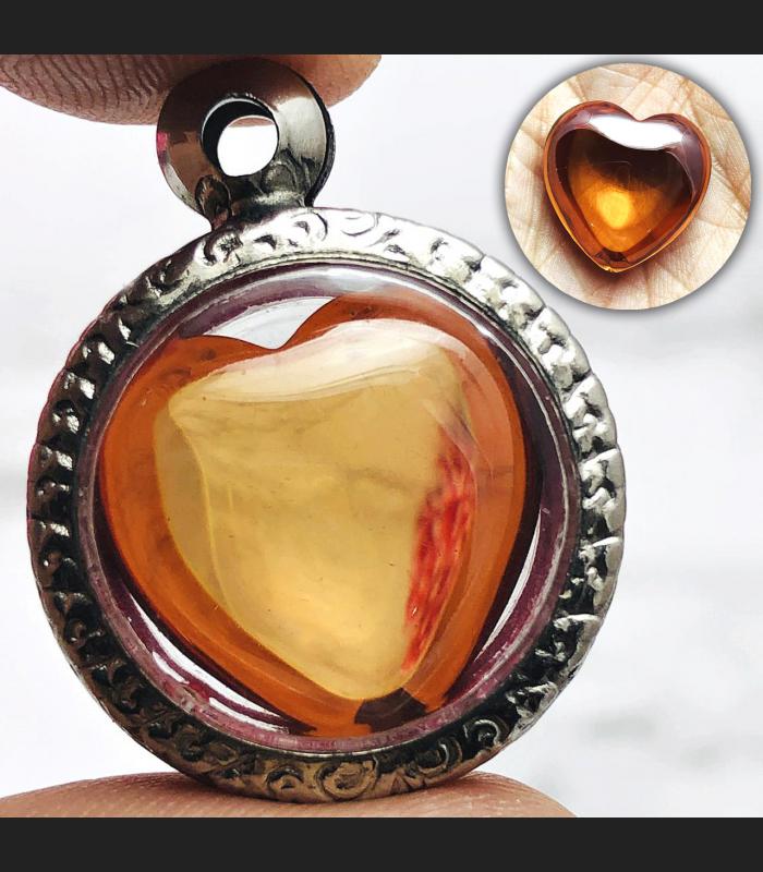 Leklai Naga Eye Pendant Stone Heart Money Wealth Lucky Orange Thai Amulet #16210