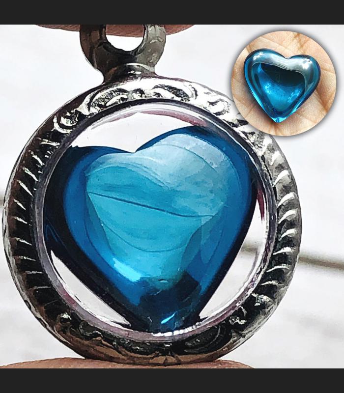 Leklai Naga Eye Pendant Stone Heart Gambling Rich Lucky Blue Thai Amulet #16211