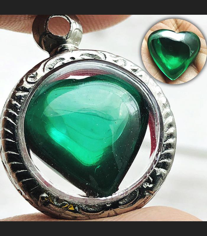 Leklai Naga Eye Pendant Stone Heart Money Wealth Lucky Green Thai Amulet #16212