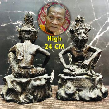 Large 24cm Bronze Statue Pooseir Tiger Face Lp Kalong Be2550 Thai Amulet #16480