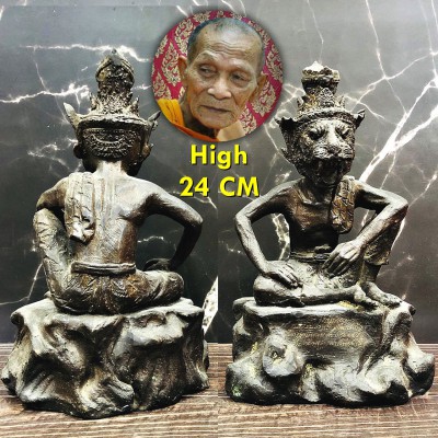 Large 24cm Bronze Statue Pooseir Tiger Face Lp Kalong Be2550 Thai Amulet #16480