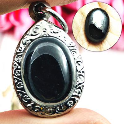 Naga Eye Leklai Lucky Stone Pendant Wealth Charm Black Oval Thai Amulet 16508