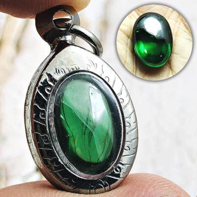 Naga Eye Leklai Lucky Stone Pendant Wealth Money Green Oval Thai Amulet #16509