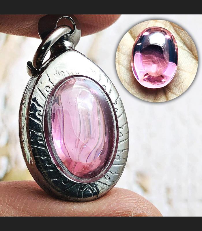 Naga Eye Leklai Lucky Stone Pendant Wealth Love Pink Rose Oval Thai Amulet 16510