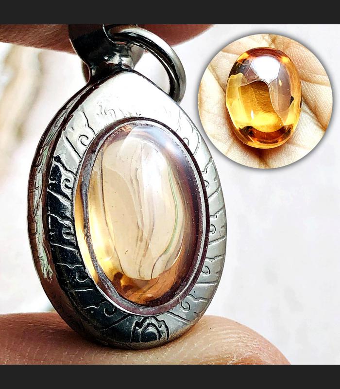 Naga Eye Leklai Lucky Stone Pendant Wealth Magic Orange Oval Thai Amulet #16512