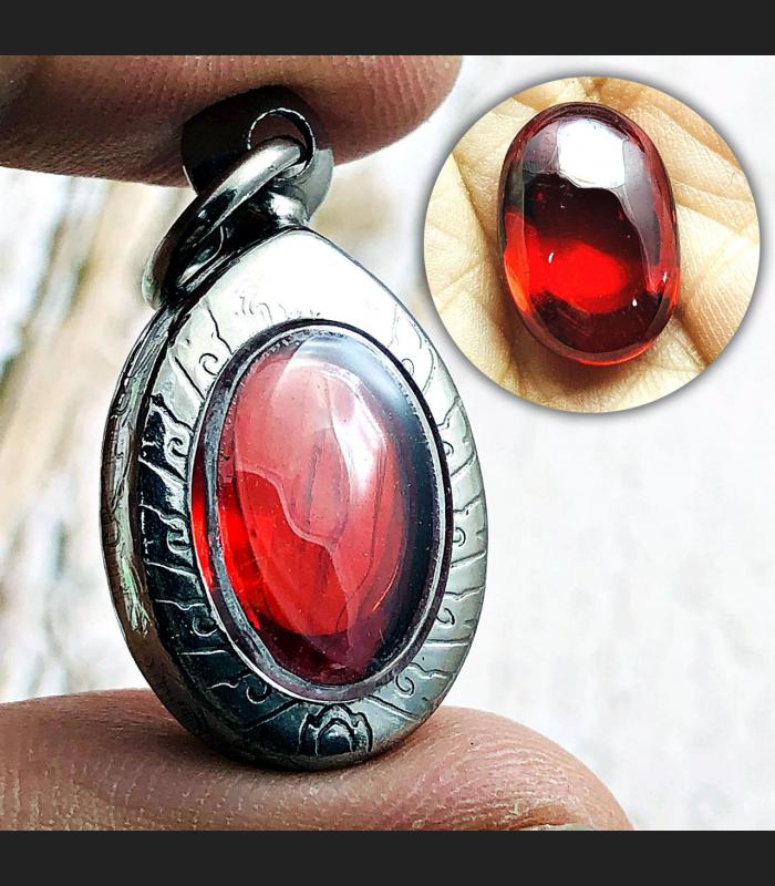 Naga Eye Leklai Lucky Stone Pendant Wealth Fortune Red Oval Thai Amulet #16515