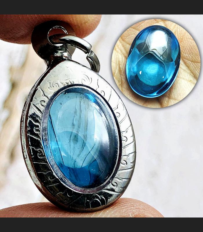 Naga Eye Leklai Magic Stone Pendant Wealth Fortune Blue Oval Thai Amulet #16516