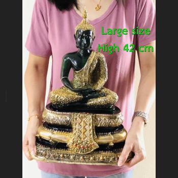 SEATED EMERALD BUDDHA STATUE RAINY MEDITATION AMULET GREEN OLD GOLD LARGE 9"