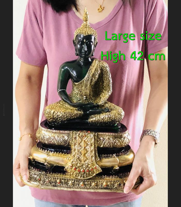 SEATED EMERALD BUDDHA STATUE RAINY MEDITATION AMULET GREEN OLD GOLD LARGE 9"