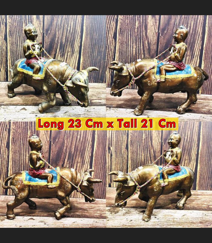 LARGE BRONZE STATUE BUCHA GUMAN BOY RIDER BUFFALO POWERFUL FORTUNE THAI AMULET LP YAM BE2551