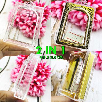 BLANK EMPTY ACRYLIC FRAME CASE THAI AMULET 2IN1 LIMPID GOLD SOMDEJ 4.5CM