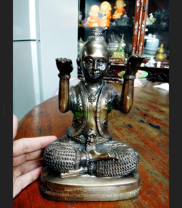 Large Bronze Statue Thai Amulet Lp Pern Guman Customer Be2555 Beckon Boy #16552