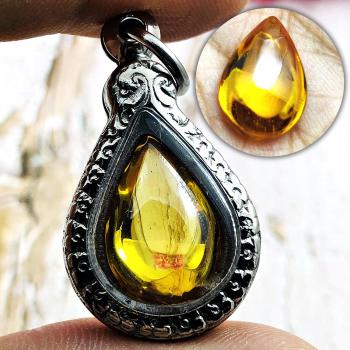 Leklai Naga Eye Magic Lucky Wealth Rich Stone Teardrop Yellow Thai Amulet #16572