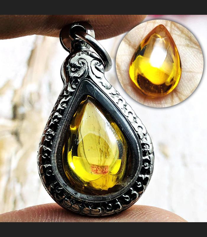 Leklai Naga Eye Magic Lucky Wealth Rich Stone Teardrop Yellow Thai Amulet #16572