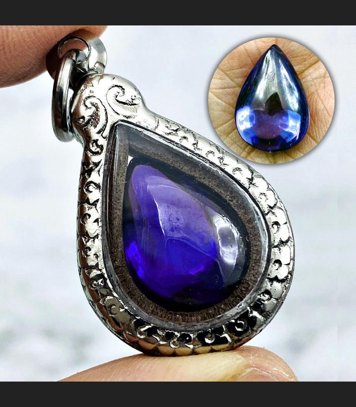 Leklai Naga Eye Crystal Healing Gem Stone Teardrop Luck Purple Thai Amulet 16573