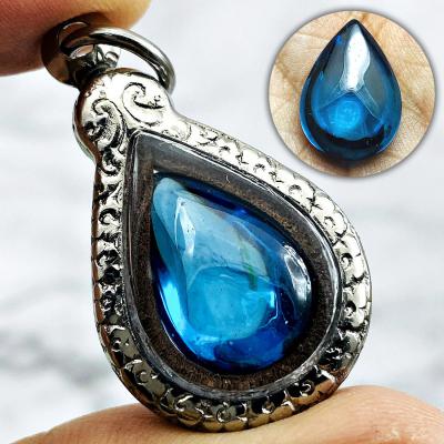 Leklai Naga Eye Crystal Magic Lucky Stone Teardrop Happy Blue Thai Amulet #16575