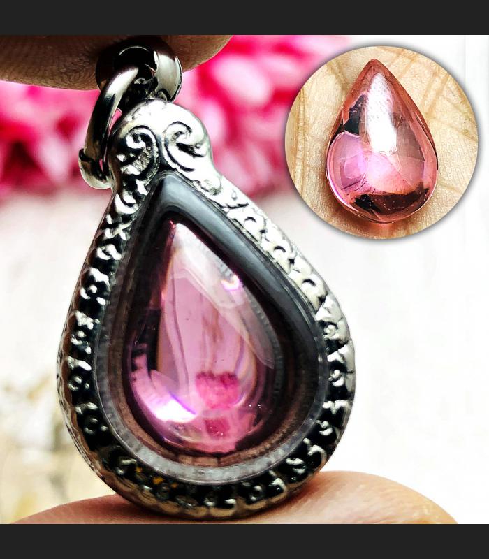 Leklai Naga Eye Magic Love Natural Stone Teardrop Rose Pink Thai Amulet #16578