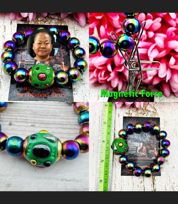 Bracelet Leklai Rainbow Bead Magnetic Healing Lp Somporn Green Thai Amulet 16594