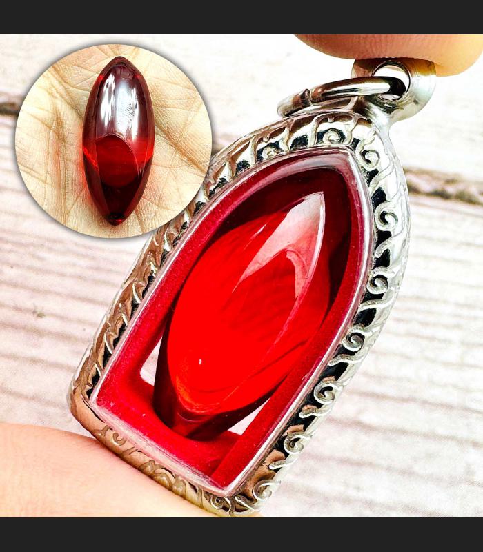 Leklai Naga Eye Healing Crystal Gems Stone Rugby Somporn Red Thai Amulet #16622