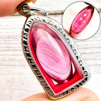 Leklai Naga Eye Healing Crystal Gems Stone Rugby Somporn Pink Thai Amulet #16623