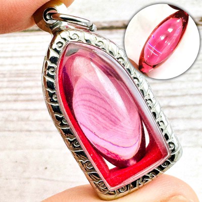 Leklai Naga Eye Healing Crystal Gems Stone Rugby Somporn Pink Thai Amulet #16623