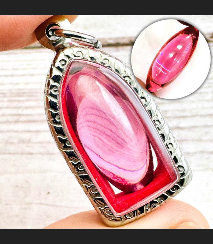Leklai Naga Eye Healing Crystal Gems Stone Rugby Somporn Pink Thai Amulet #16623