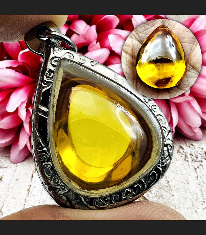 Leklai Naga Eye Tear Stone Magic Lucky Gambling Money Yellow Thai Amulet #16632