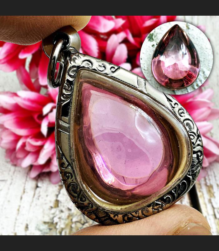Leklai Naga Eye Tear Stone Magic Lucky Charm Lust Love Pink Thai Amulet #16633