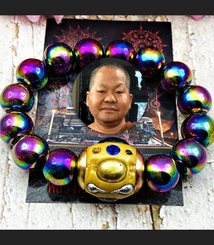 Bracelet Leklai Rainbow Bead Immortal Magnetic Somporn Yellow Thai Amulet #16650