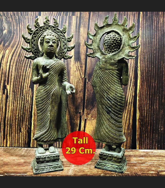 ANCIENT ART GODDESS GREEN BRONZE STATUE 19TH BUDDHA SUN DVARAVATI STANDING