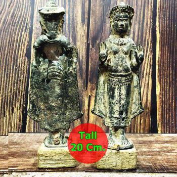 Antique Crown Khmer Buddha Stop Evil Deity Bronze Figure Statue Green Art #16687