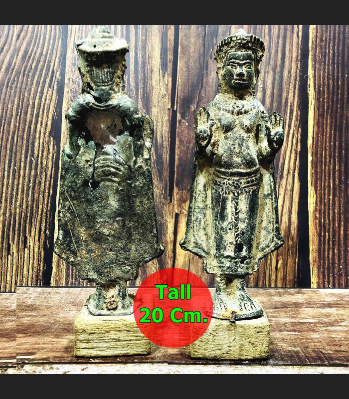 Antique Crown Khmer Buddha Stop Evil Deity Bronze Figure Statue Green Art #16687
