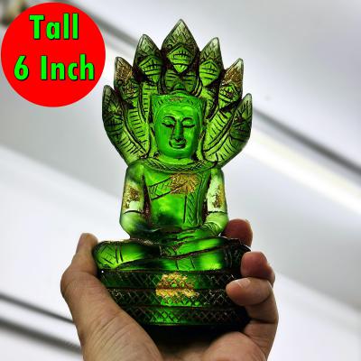 Antique Buddha Statue Healing Crystal 7snake Leklai Naga Eye KruHod Green #16715