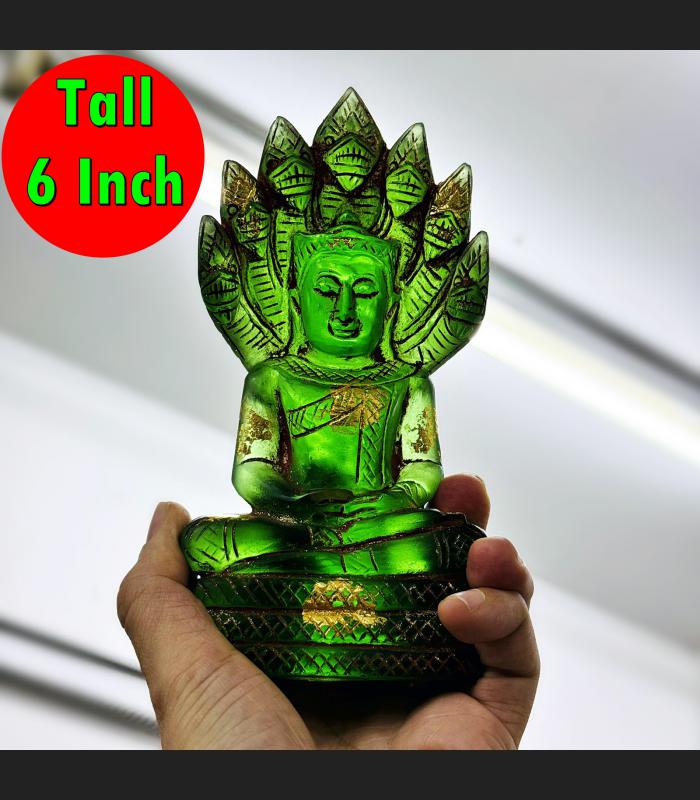 Antique Buddha Statue Healing Crystal 7snake Leklai Naga Eye KruHod Green #16715