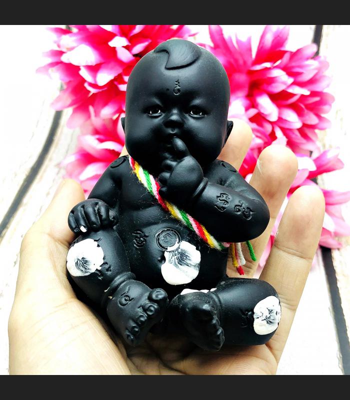 Boy Spirit Guman LukThep Statue Gambling Win Kom Be2551 Black Thai Amulet #16739