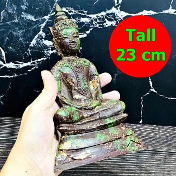 Meditating Bronze Statue Antique Ayutthaya Crown Buddha Armor Thai Amulet 16807