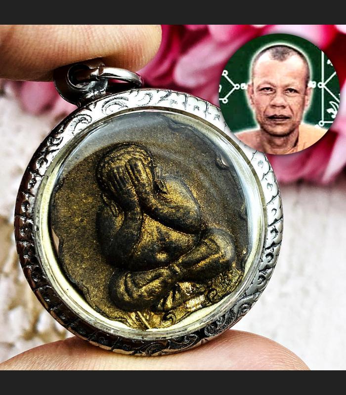 Pidta Close Eye Back Buddha Ash 3takrut Protection Dum Be2543 Thai Amulet #16824