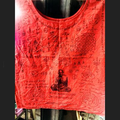 FABRIC FLAG THAI AMULET HOLY CLOTH ANCIENT WARRIOR SUIT SHIRT MEDITATION LP SOOK Wat PKMaKamTao RED