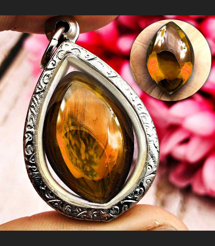 Leklai Nakee Naga Eye Healing Stone Crtstal Fortune Orange Thai Amulet #17040