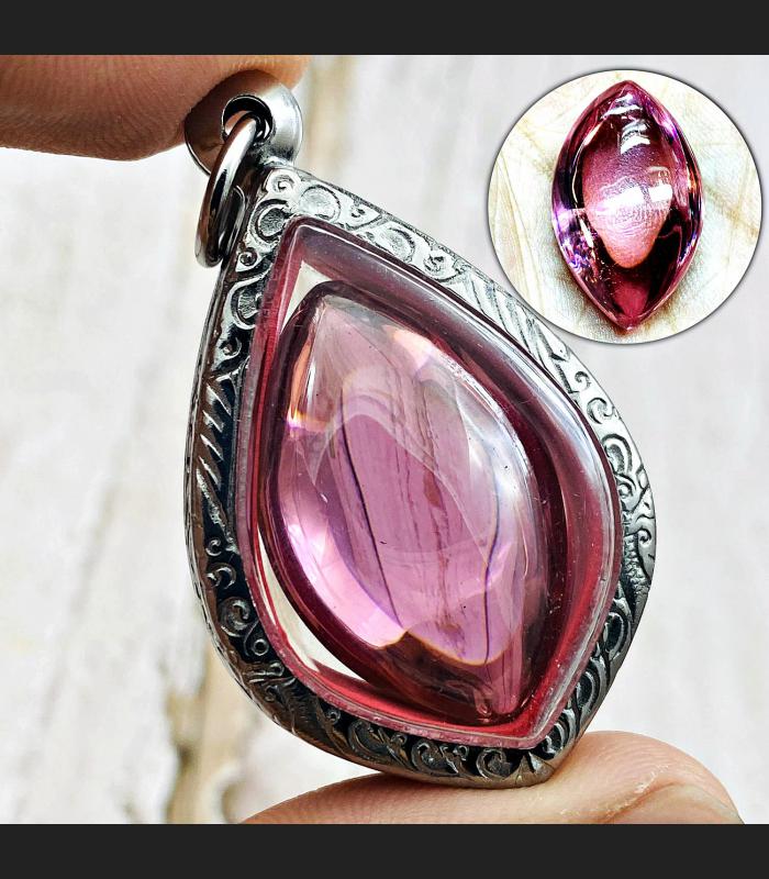 Leklai Nakee Buddha Naga Eye Healing Stone Crtstal Love Pink Thai Amulet #17041