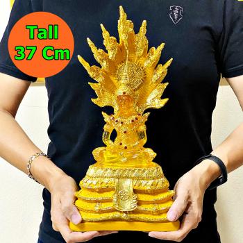 Buddha Statue Prevent Gold Naga Nakpog Cobra 7head Coiled Base Thai Amulet 17045
